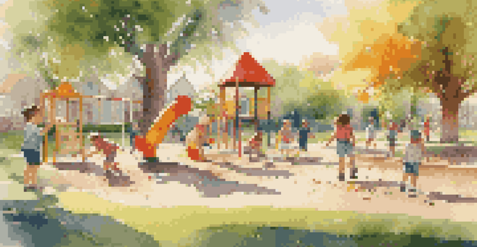 Children playing outside with blocks, surrounded by green grass and colorful playground equipment, under a sunny sky.