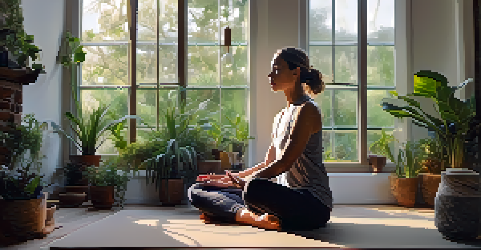 A peaceful meditation space with a person sitting on a yoga mat, surrounded by plants and candles, in soft natural light.