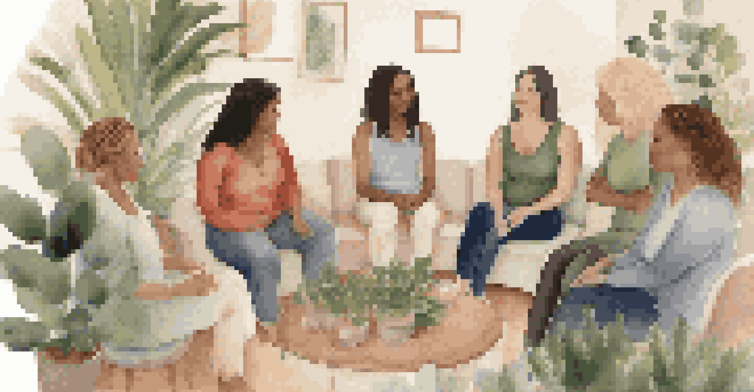 A supportive group of women sharing their health journeys in a cozy setting, with warm lighting and a circle arrangement that fosters connection.