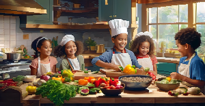 Children in a kitchen participating in a fun cooking challenge with colorful vegetables and fruits.