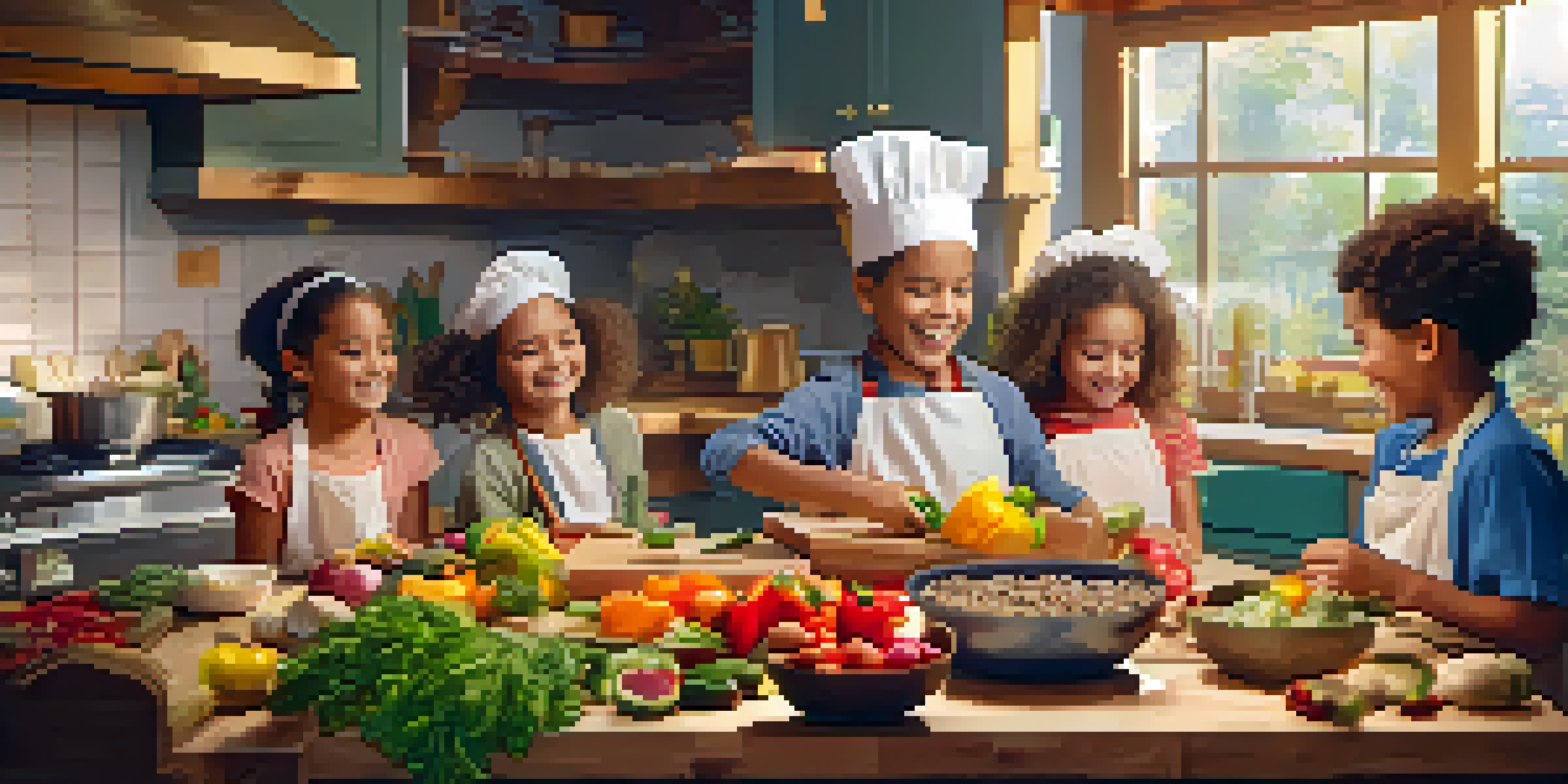 Children in a kitchen participating in a fun cooking challenge with colorful vegetables and fruits.