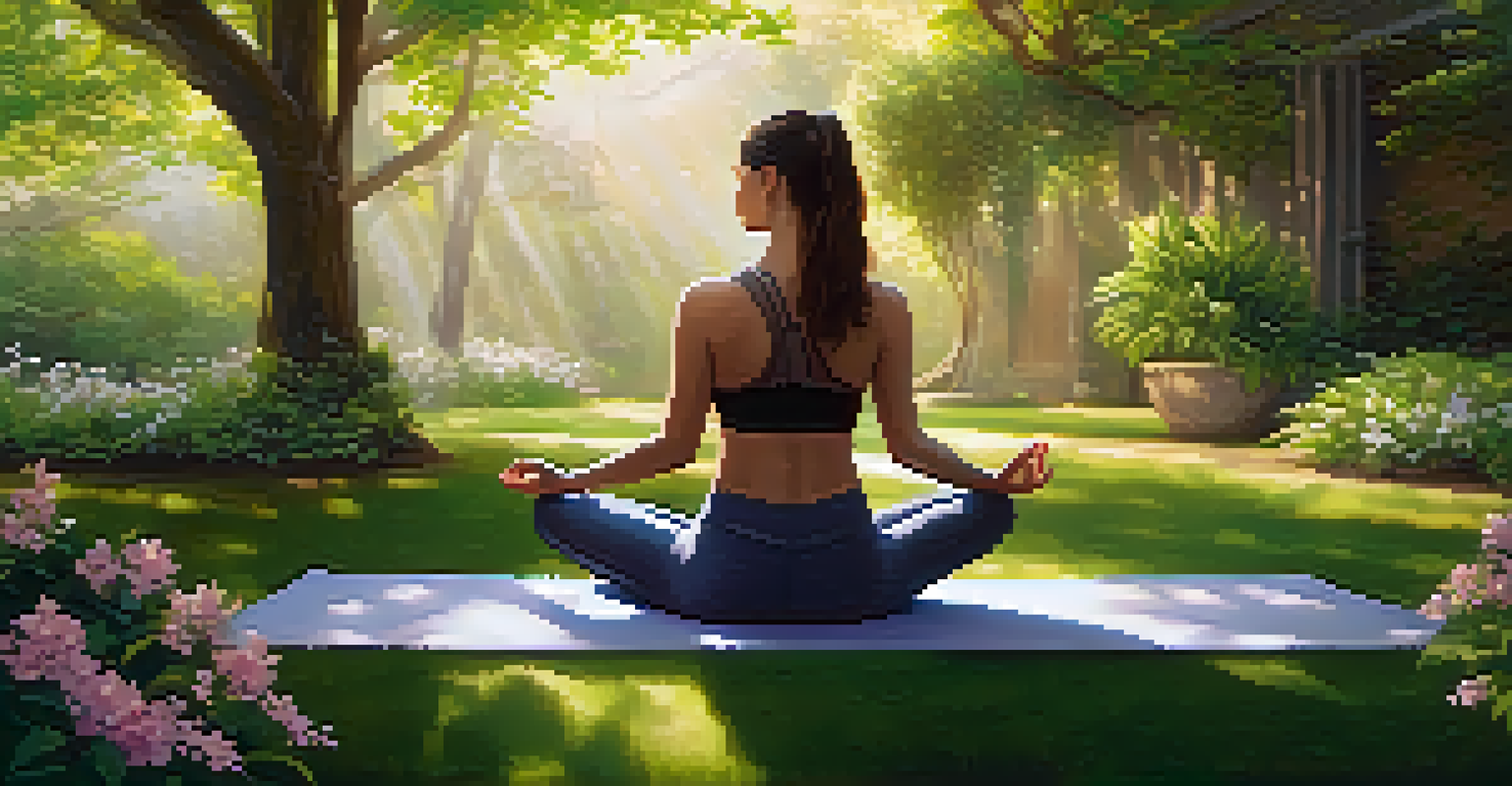 A person practicing yoga on a mat surrounded by greenery and flowers, bathed in warm sunlight.