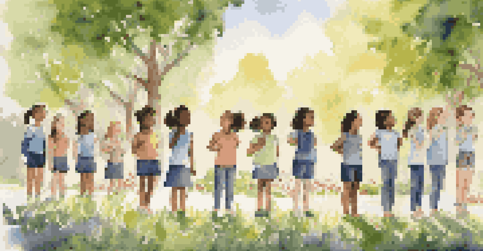 Students practicing mindful breathing exercises in a peaceful schoolyard surrounded by nature.