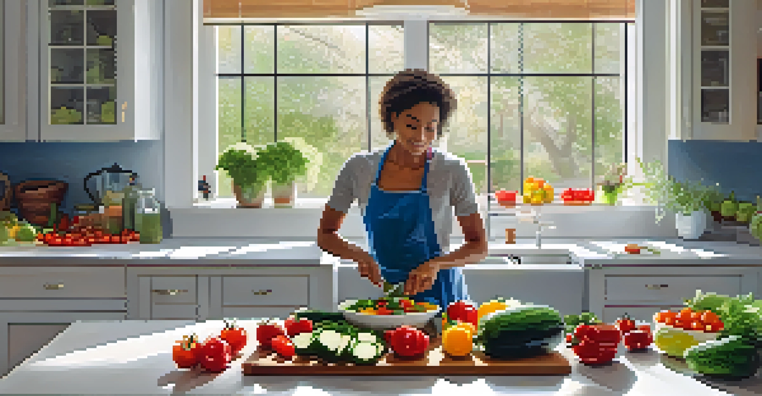 A person chopping vegetables for a salad in a bright kitchen, with fruits and a glass of water in the background.
