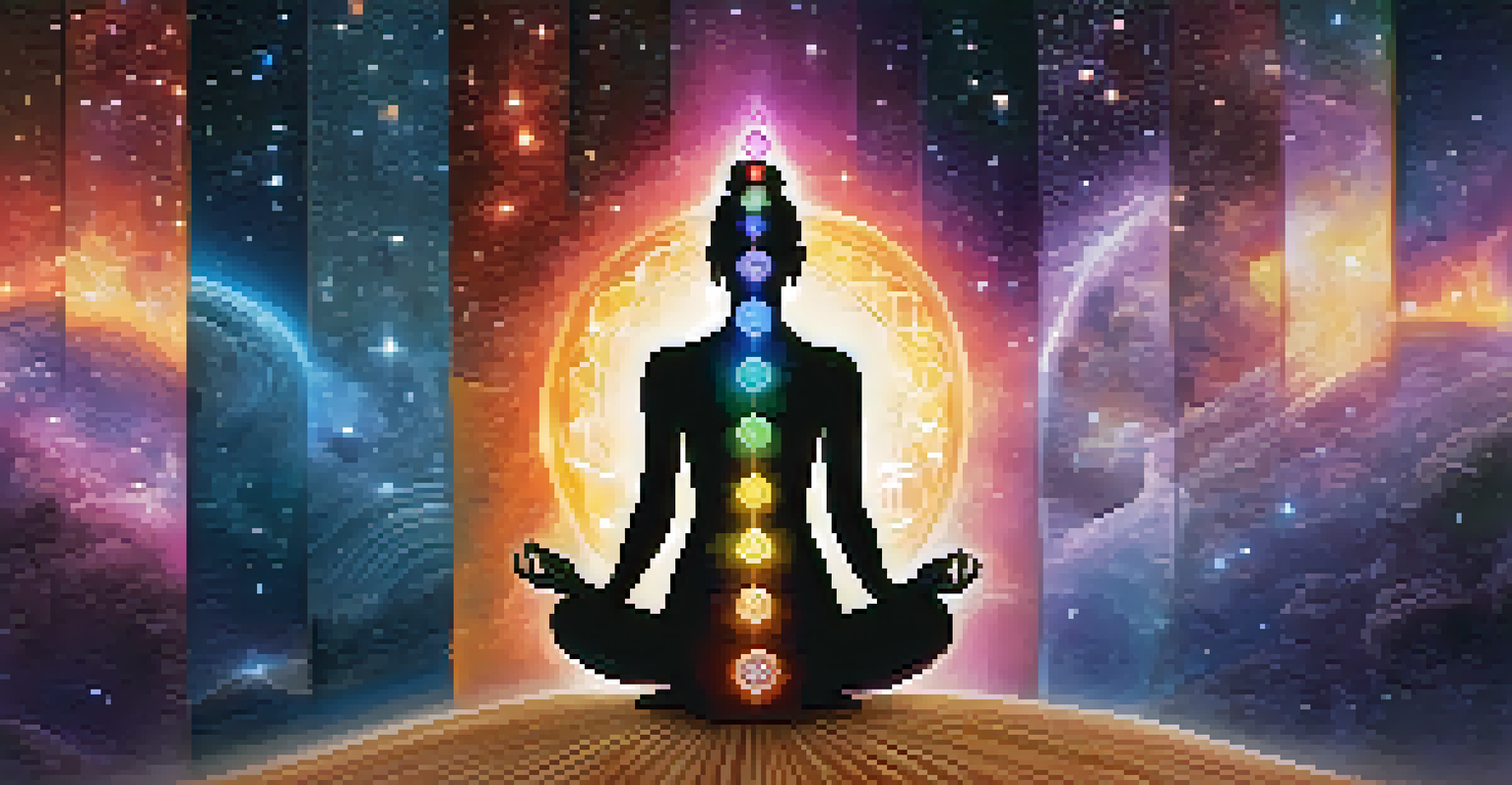 A silhouette of a person with glowing chakras aligned, set against a cosmic background.