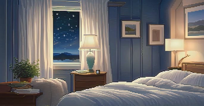 A peaceful bedroom with a neatly made bed, a sleep diary and pen on a bedside table, and a view of a starry night sky through the window.