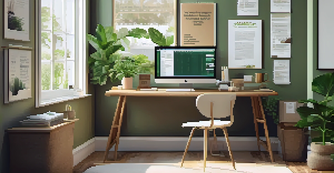 A cozy home office with a wooden desk, laptop, notepad, and coffee cup, illuminated by natural light from a window with plants.