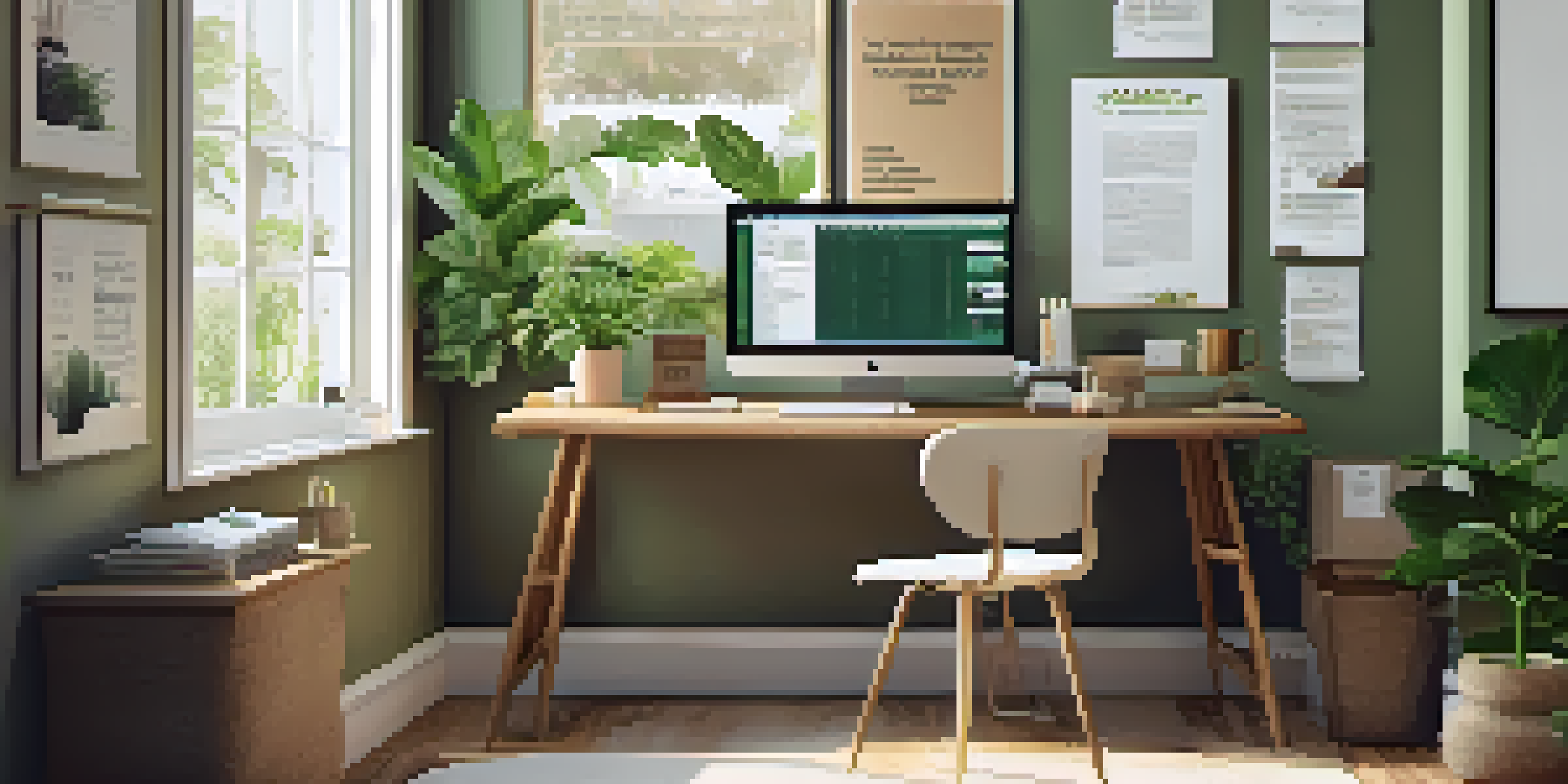 A cozy home office with a wooden desk, laptop, notepad, and coffee cup, illuminated by natural light from a window with plants.