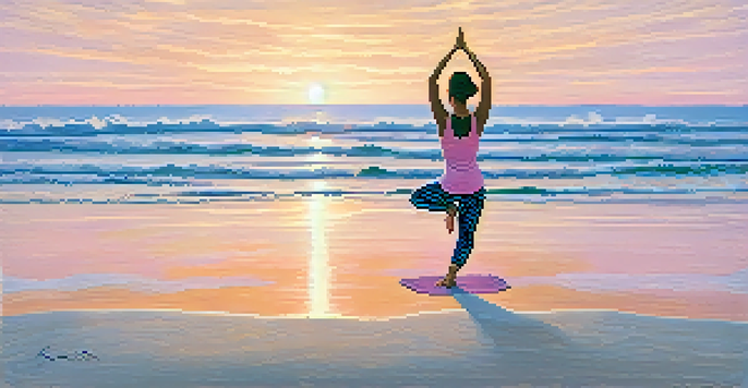 A woman practicing Tree Pose on a beach at sunrise, with soft golden light and calm ocean waves.