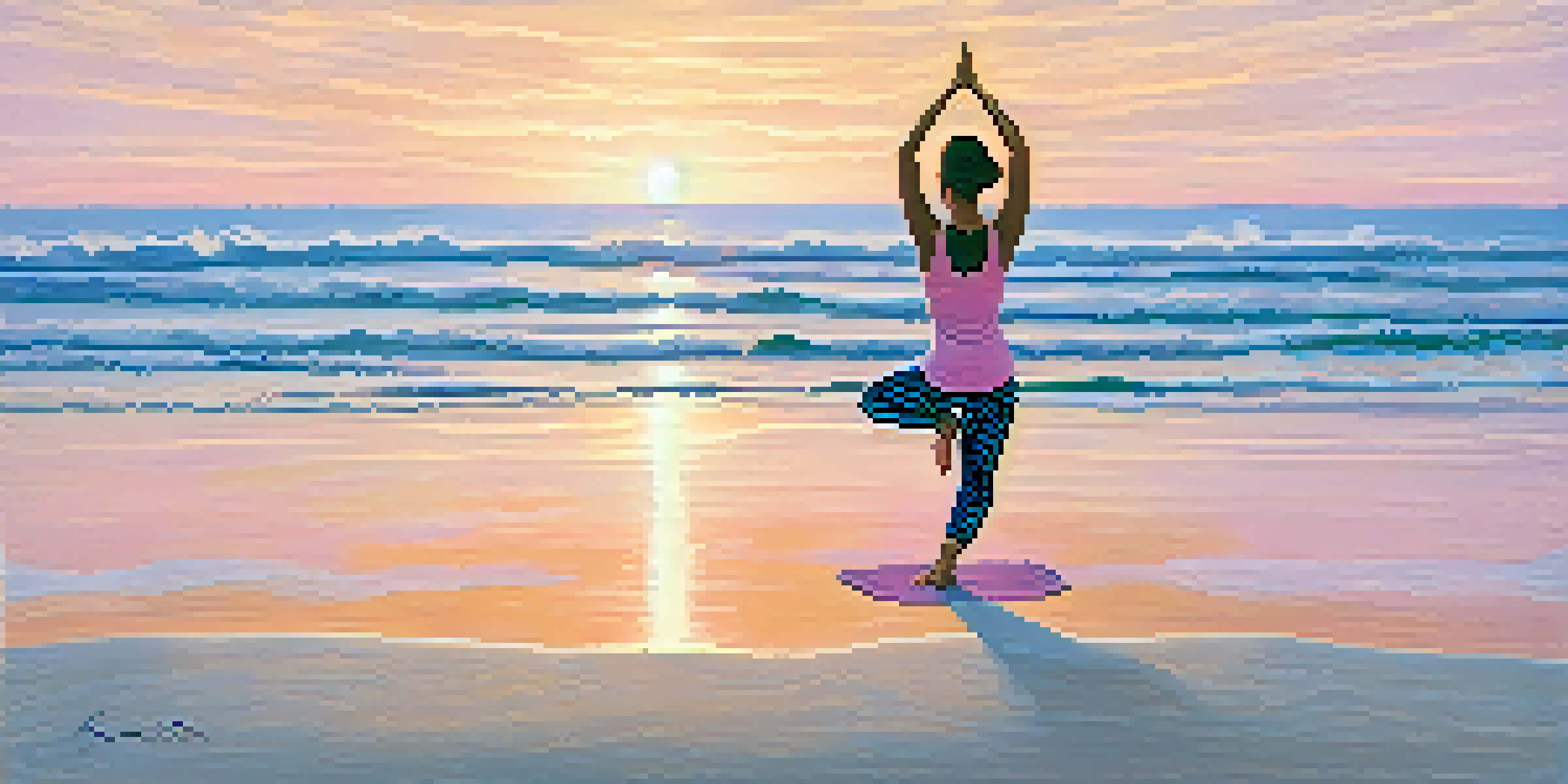 A woman practicing Tree Pose on a beach at sunrise, with soft golden light and calm ocean waves.