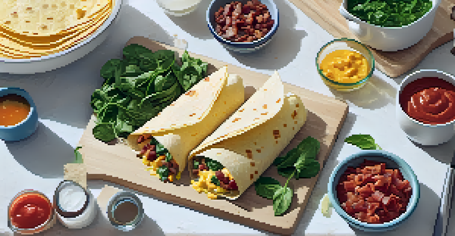 An overhead view of ingredients for breakfast burritos including eggs, bacon, spinach, and tortillas on a countertop.