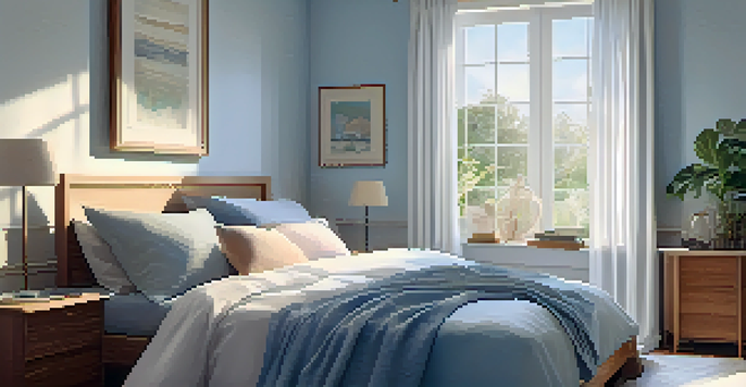 A cozy bedroom with soft pastel bedding, warm light, and a bedside table with a plant and books, creating a peaceful atmosphere.