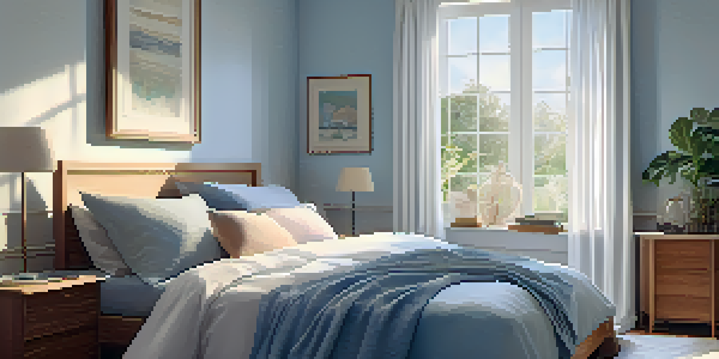 A cozy bedroom with soft pastel bedding, warm light, and a bedside table with a plant and books, creating a peaceful atmosphere.