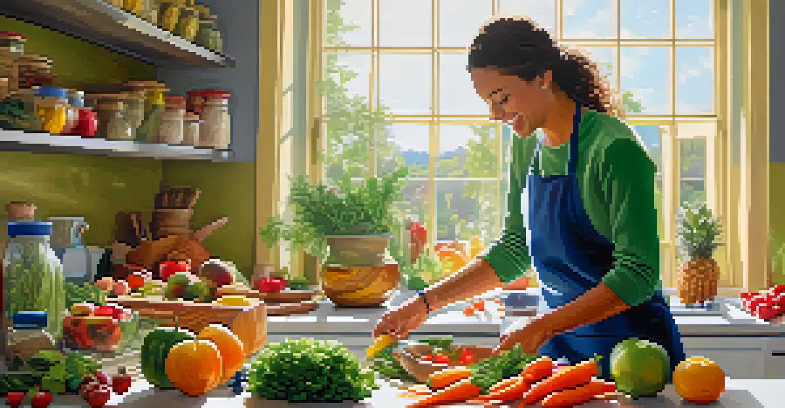 A person happily cooking in a bright kitchen filled with fresh ingredients, symbolizing healthy habits and self-compassion.