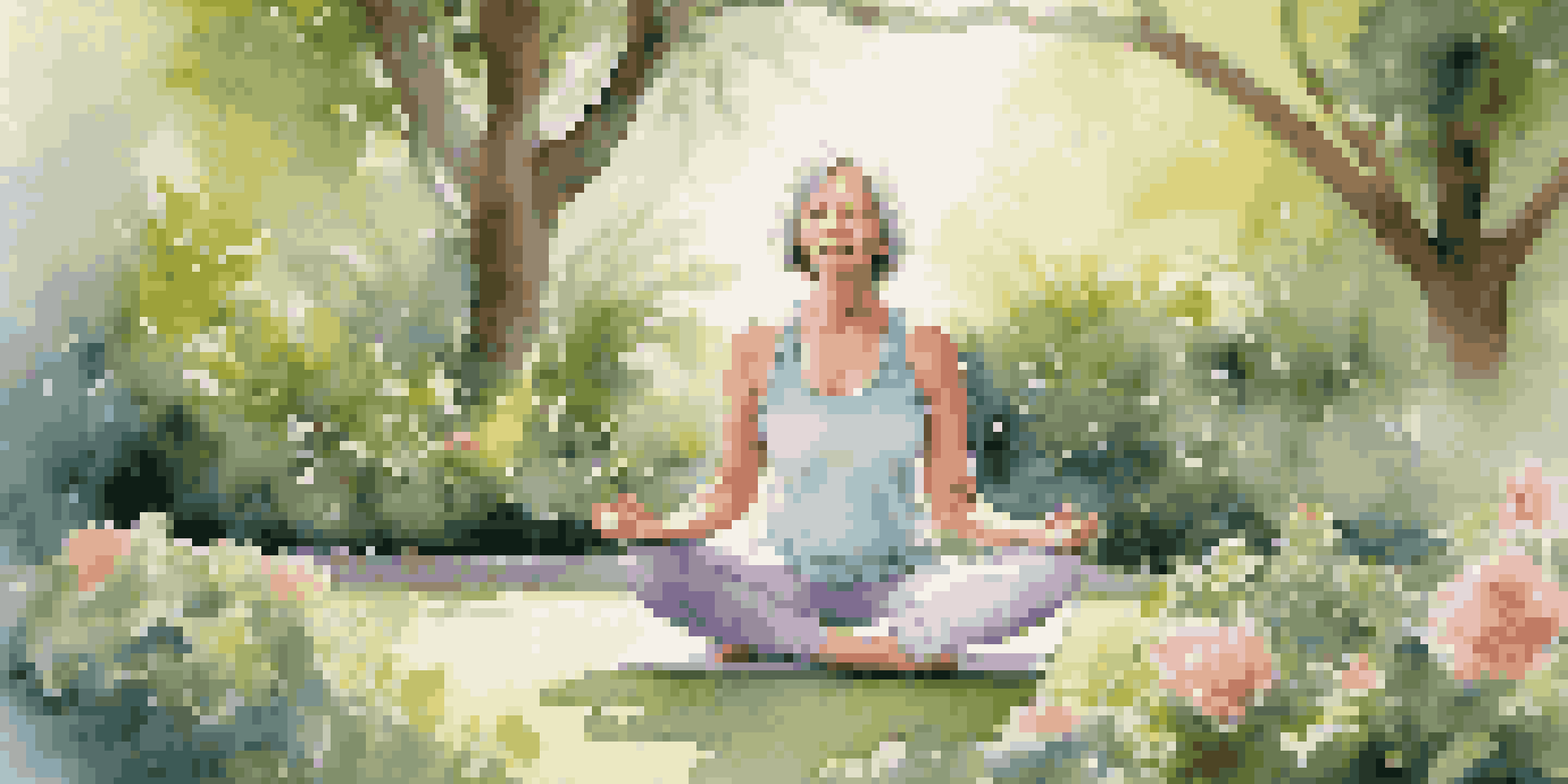 A middle-aged woman practicing yoga in a peaceful garden surrounded by flowers and greenery, with sunlight filtering through the leaves.