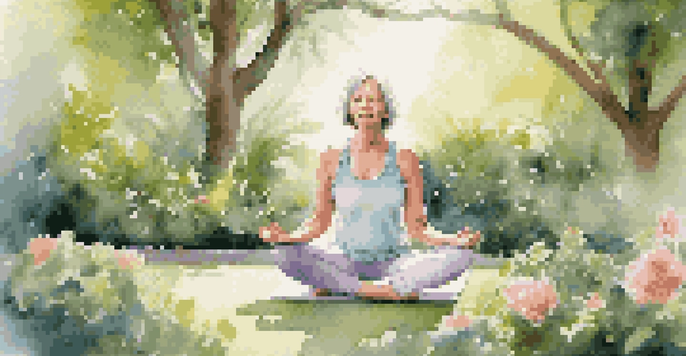 A middle-aged woman practicing yoga in a peaceful garden surrounded by flowers and greenery, with sunlight filtering through the leaves.