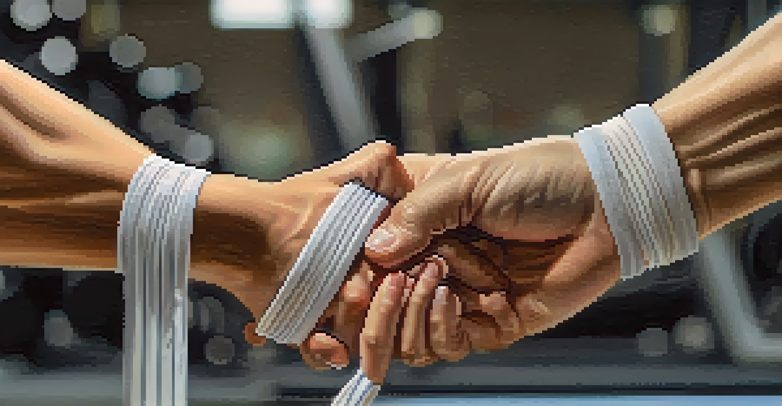 Close-up of hands gripping a stretching band, with a gym background, showcasing the texture and determination.