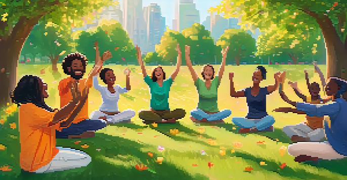 A lively outdoor laughter yoga session in a park with diverse participants laughing in a circle, surrounded by greenery and flowers.