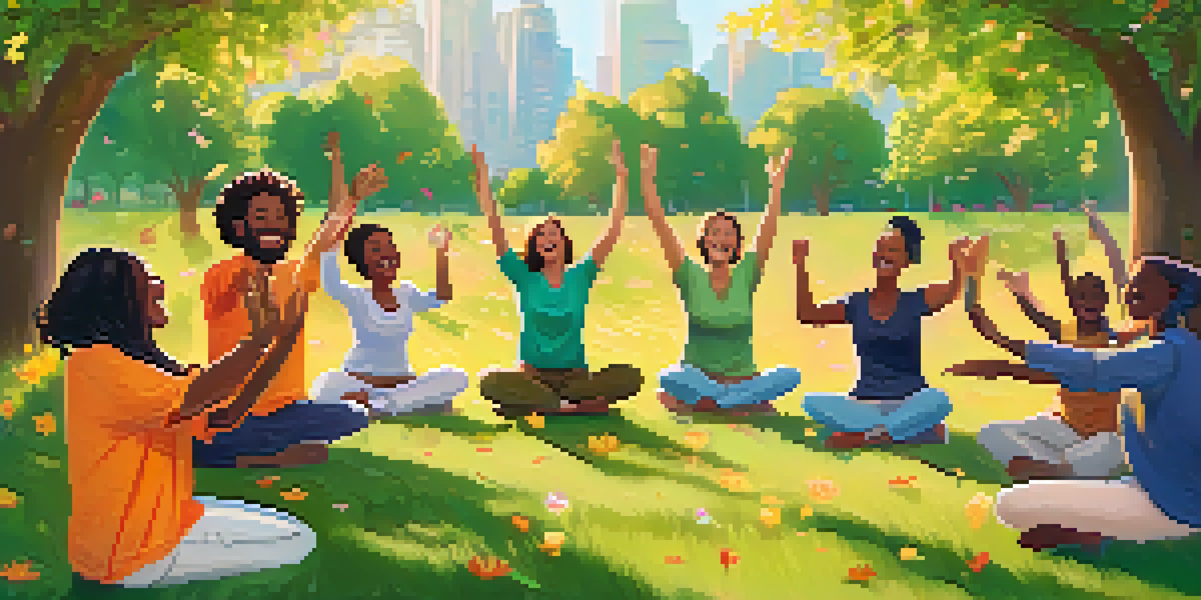 A lively outdoor laughter yoga session in a park with diverse participants laughing in a circle, surrounded by greenery and flowers.