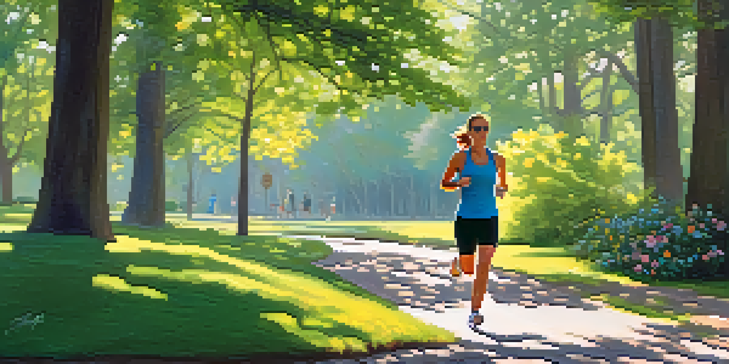 A fit individual jogging in a sunlit park with beautiful flowers and trees.