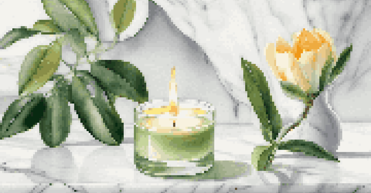 A close-up of a stylish bottle of neroli oil on a marble countertop with blurred green plants and a candle in the background.