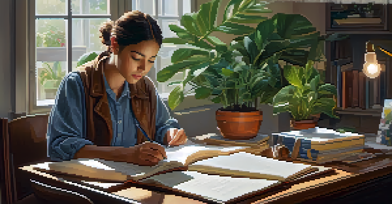 A person journaling at a desk surrounded by plants and soft lighting, creating a warm and inviting atmosphere.