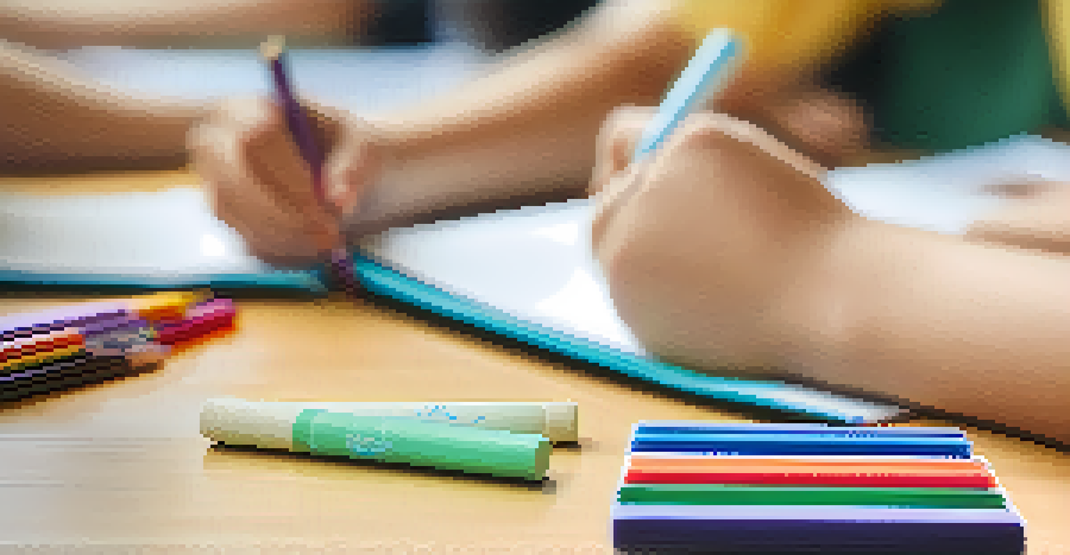 A close-up of a student's hands on a desk while practicing a grounding exercise, with colorful stationery and a plant in view.