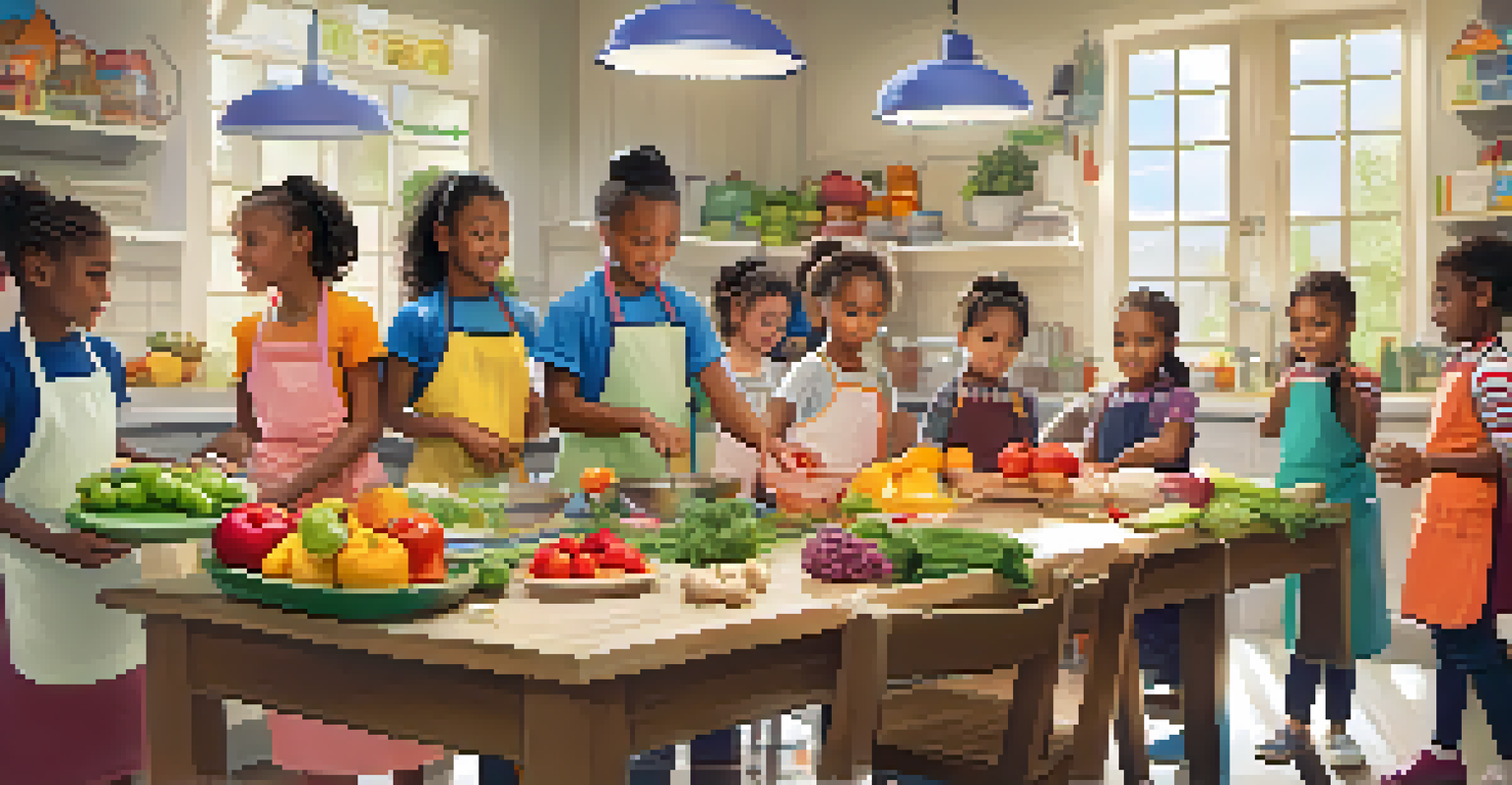 Children participating in a cooking class in a school kitchen, learning about healthy eating.