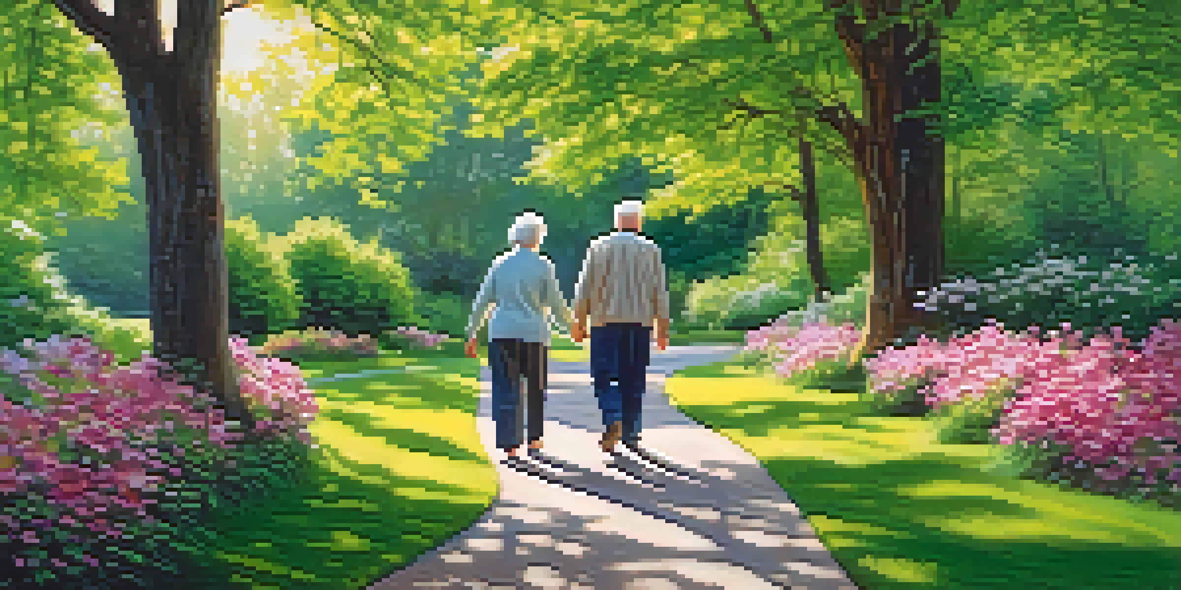 An elderly couple walking hand in hand in a park filled with blooming flowers and green trees under warm sunlight.