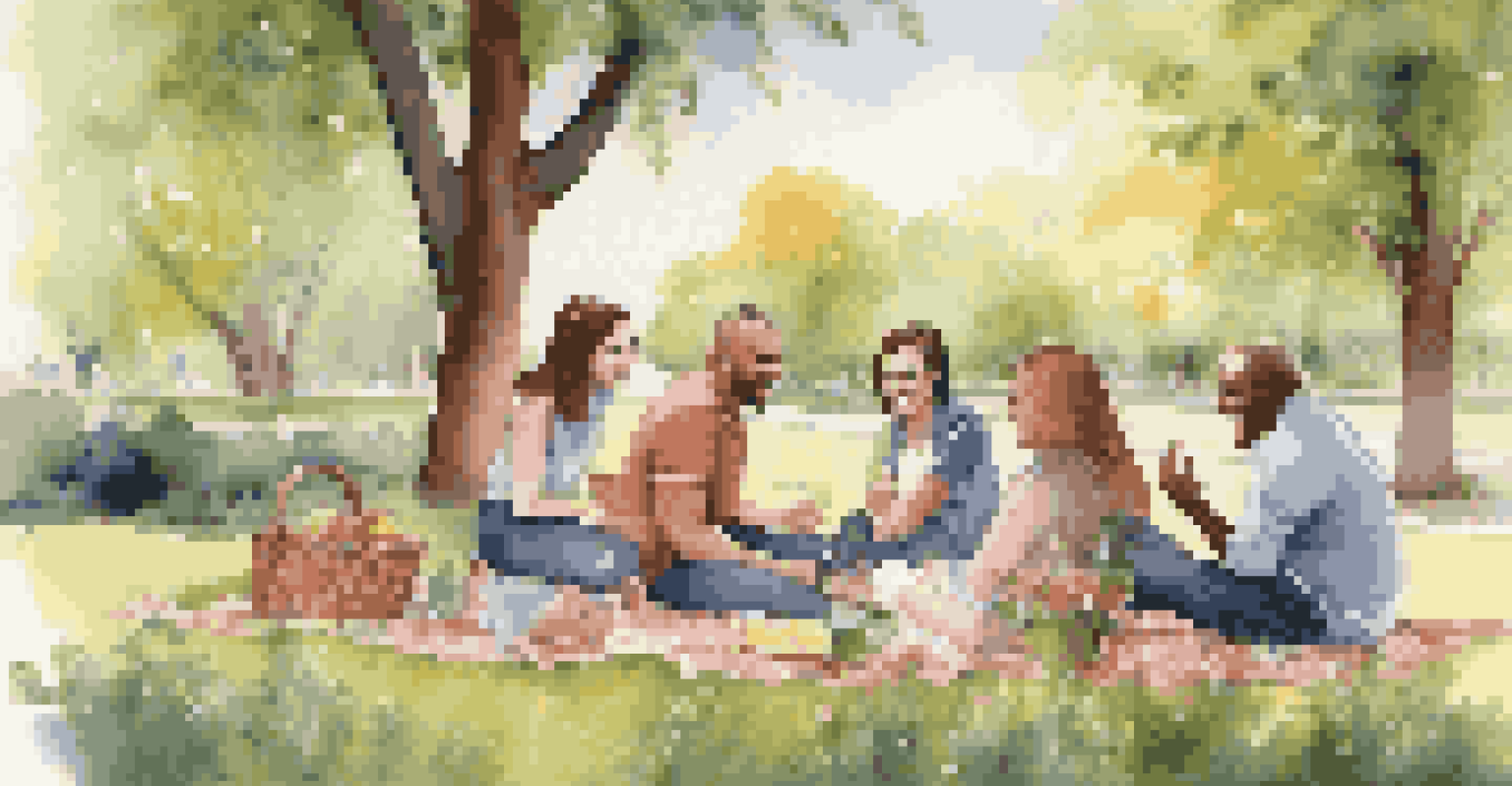 A group of friends having a supportive conversation on a picnic blanket in a park, surrounded by nature.