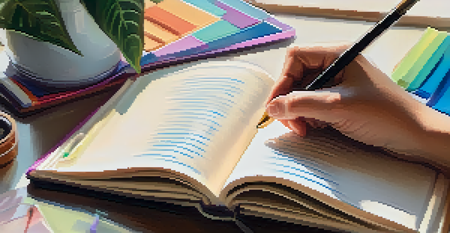 Close-up of hands writing in a journal with colorful stationery and a laptop in the background.