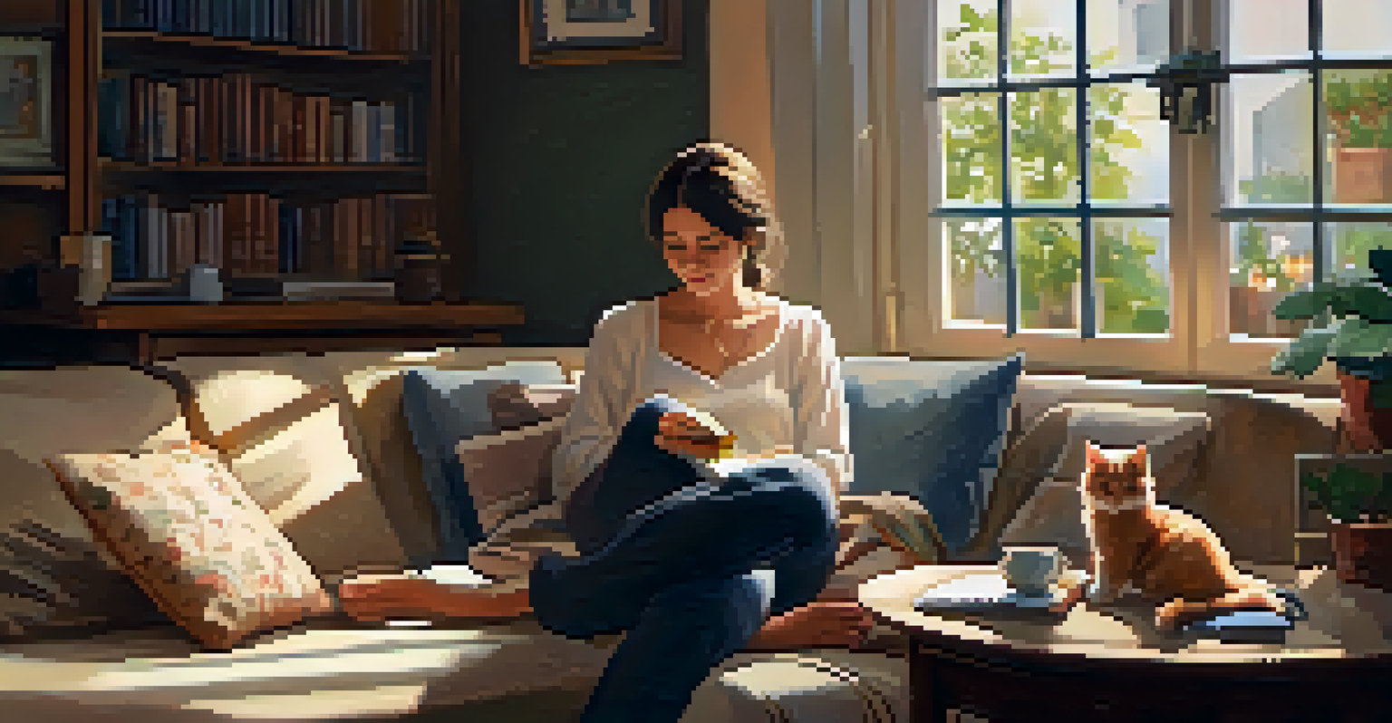 A person petting a fluffy cat on their lap while sitting on a cozy couch, highlighting warmth and comfort.