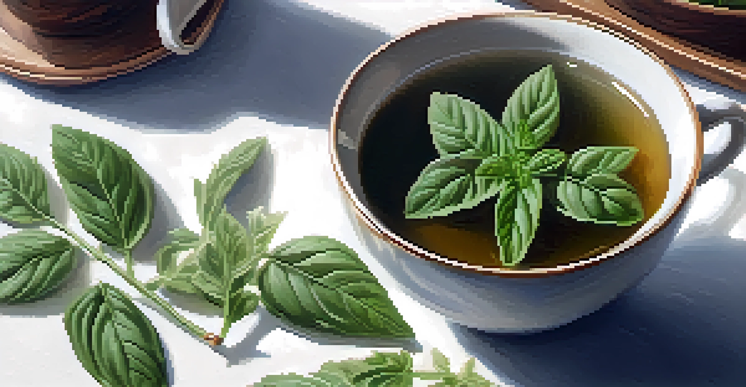 A steaming cup of herbal tea with holy basil leaves on a wooden table in a serene setting.