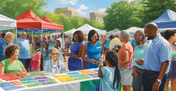 A vibrant health fair scene with diverse community members engaging in health activities and discussions under a sunny sky.