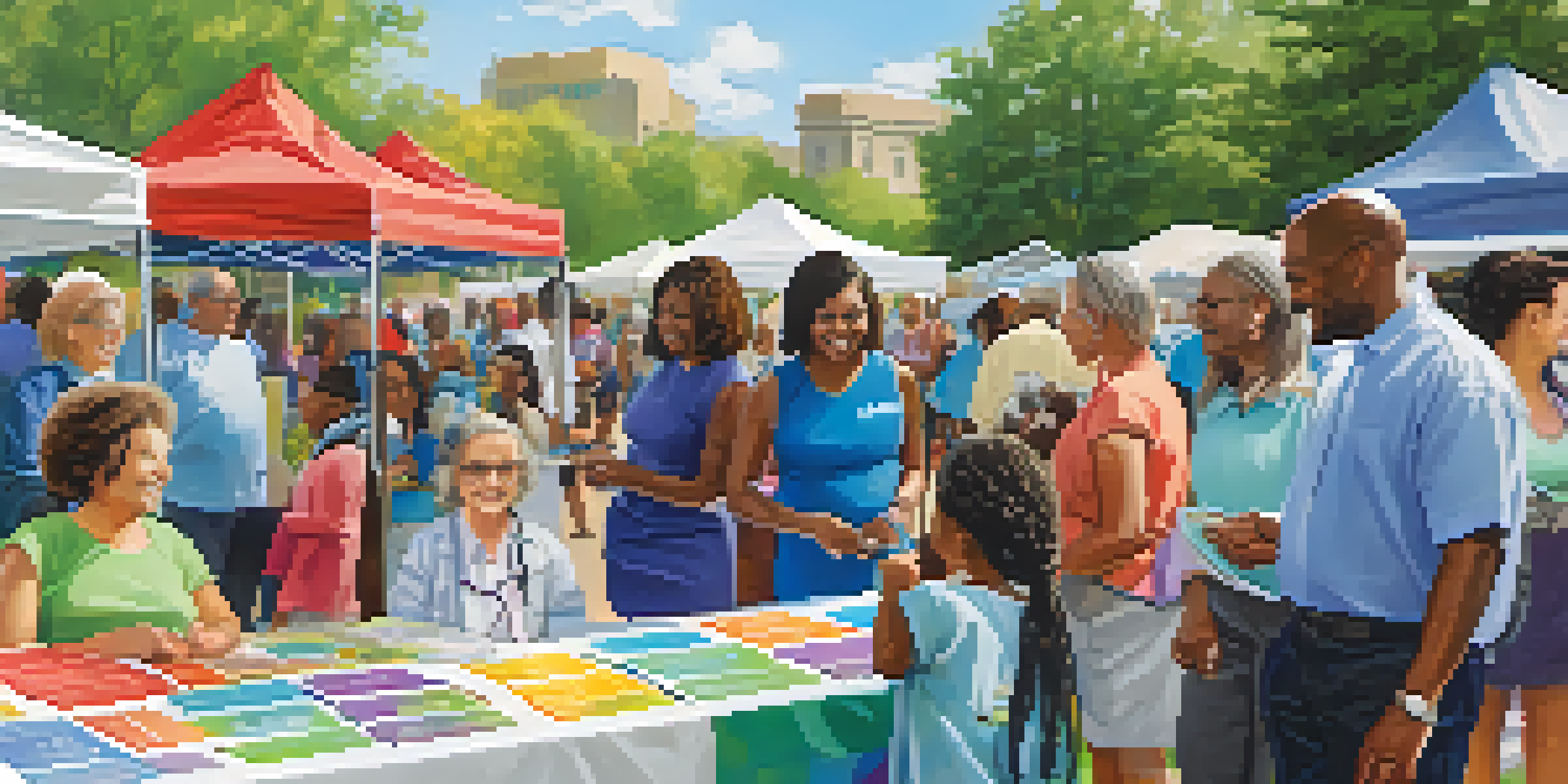 A vibrant health fair scene with diverse community members engaging in health activities and discussions under a sunny sky.