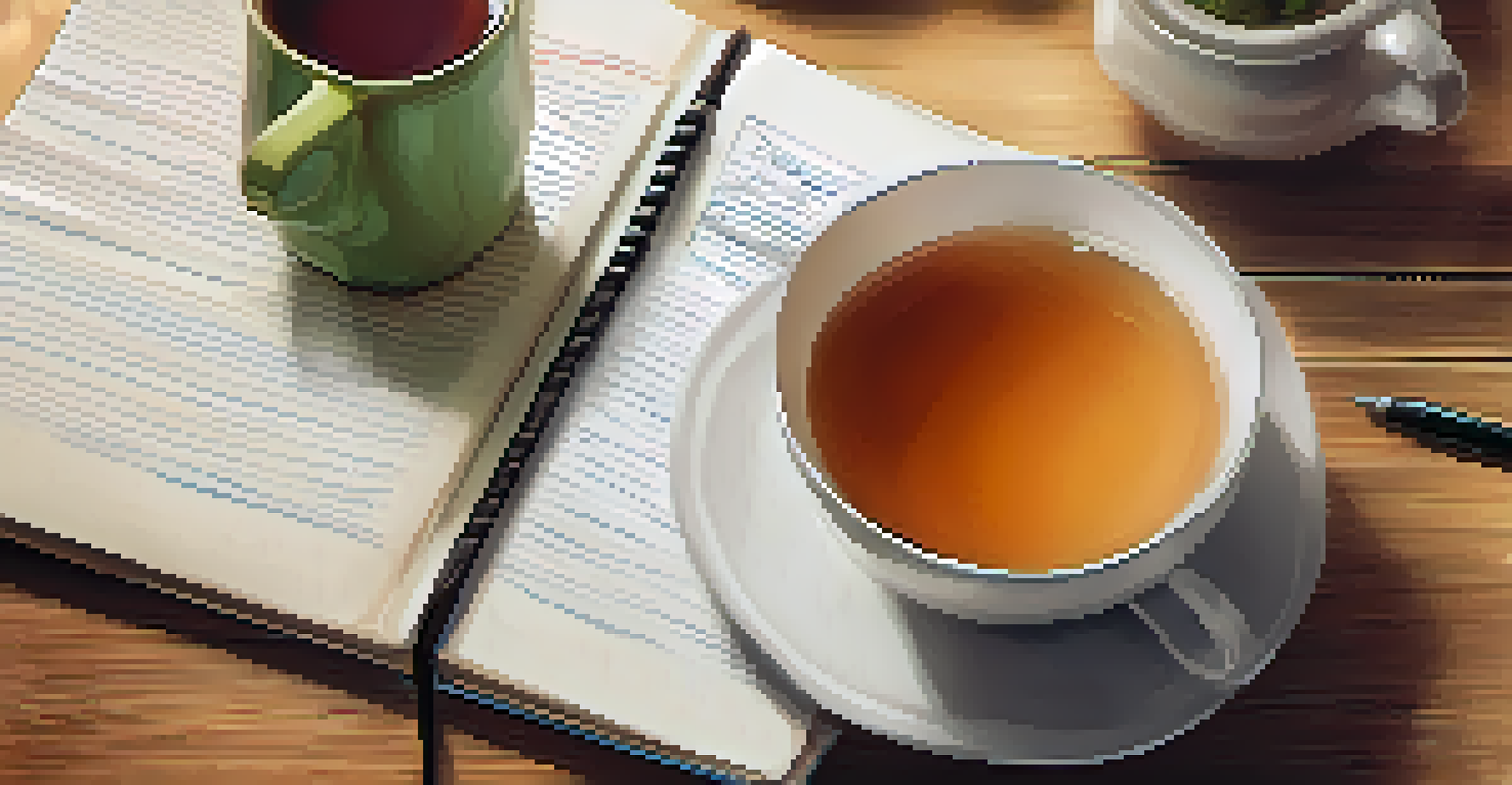 A close-up of a notepad with handwritten goals and a cup of herbal tea on a wooden table, during a health coaching session.