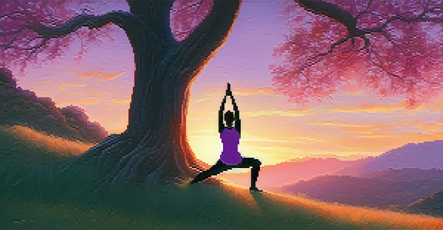 A person practicing yoga on a hill at sunset, surrounded by vibrant colors in the sky.