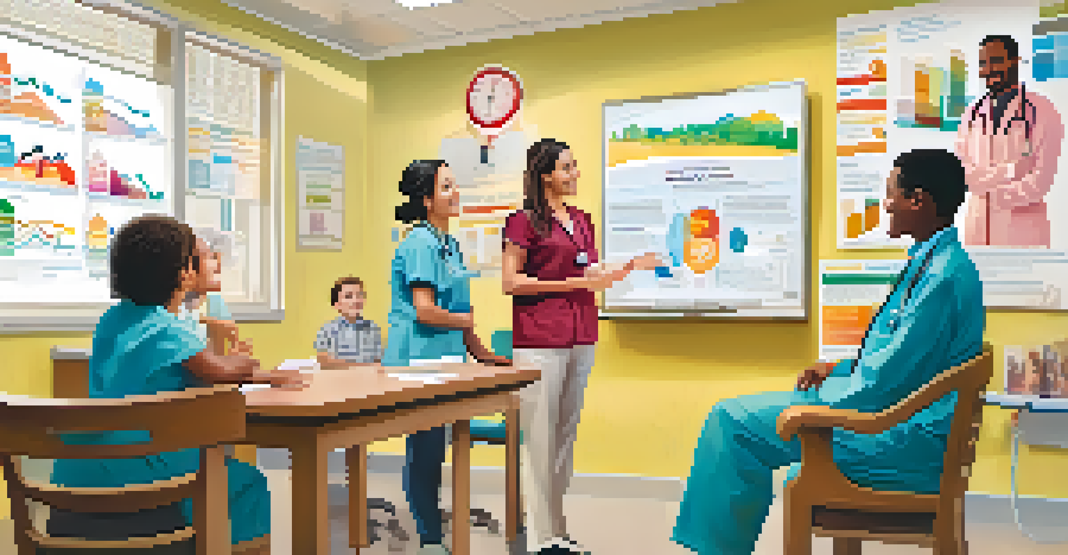 A healthcare professional explaining preventive health measures to a family in a bright clinic, emphasizing health education and engagement.