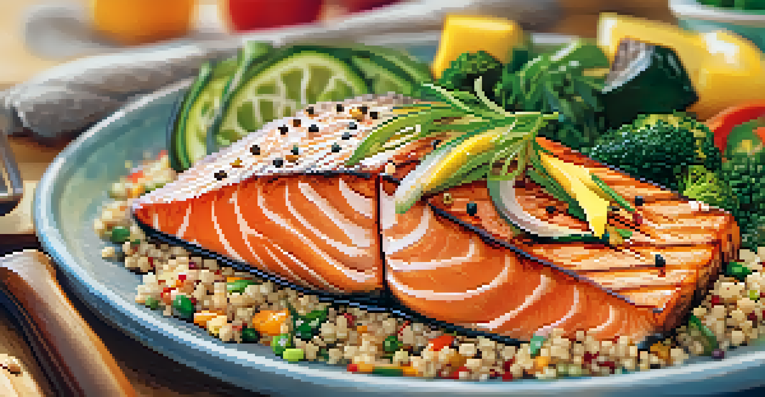 A close-up of a colorful plate with grilled salmon, vegetables, and quinoa, showcasing vibrant colors and textures in natural light.