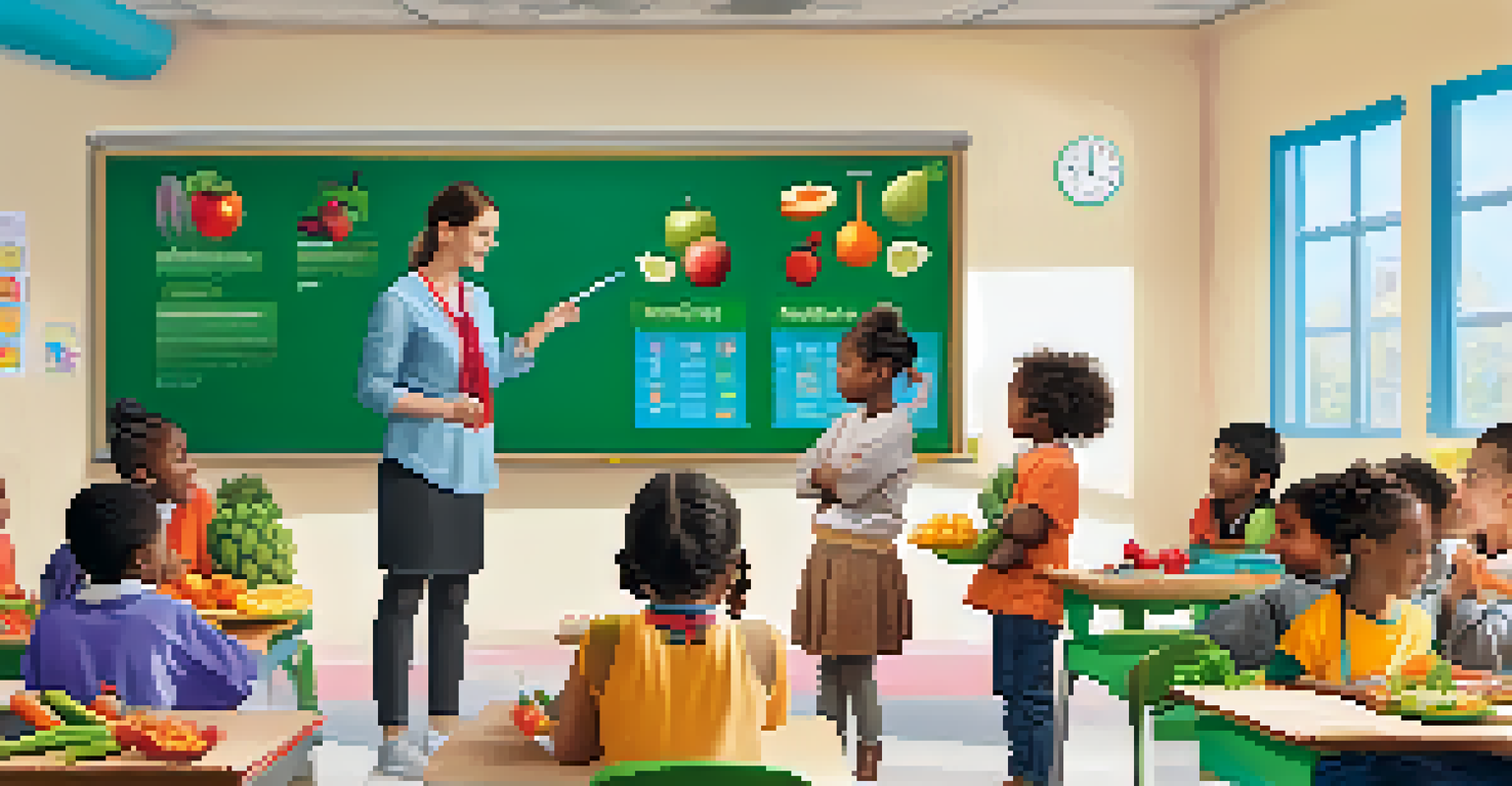 A classroom with children learning about nutrition from a teacher using a colorful chart, with fruits and vegetables on their desks.