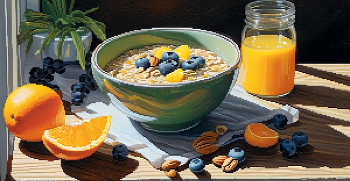 A bowl of overnight oats with fruits and nuts on a wooden table, illuminated by sunlight.