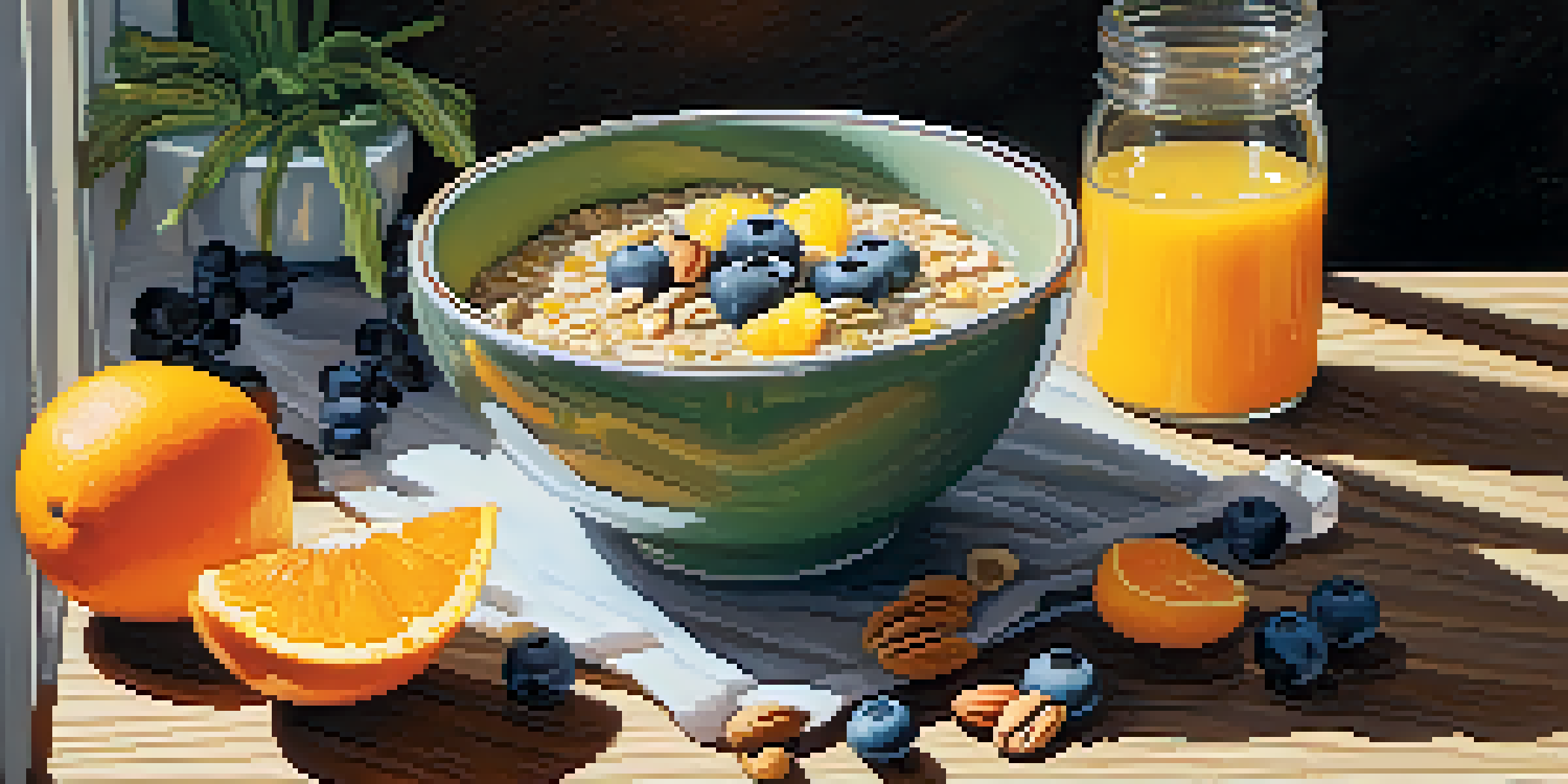 A bowl of overnight oats with fruits and nuts on a wooden table, illuminated by sunlight.