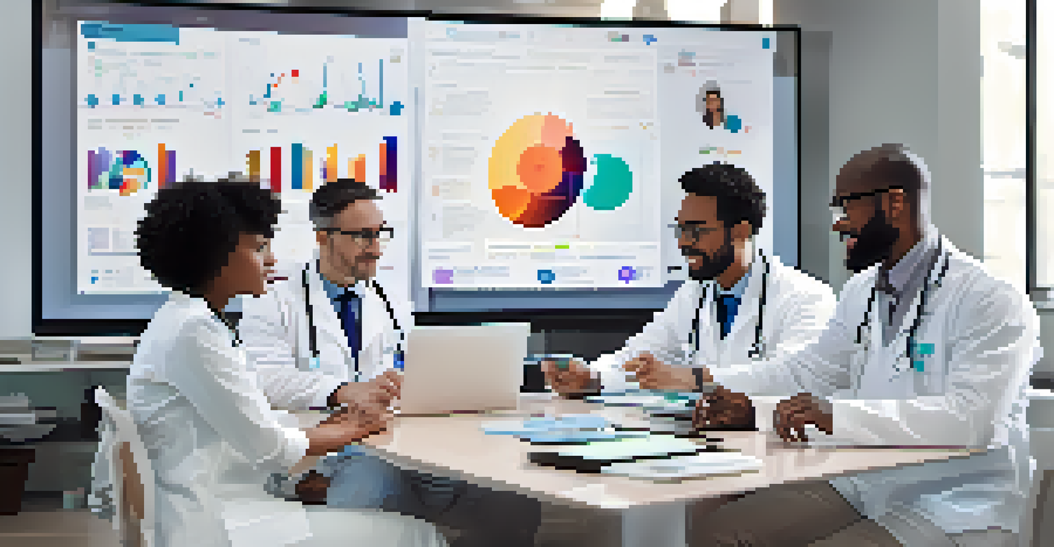 A diverse team of healthcare professionals working together around a table, discussing a digital health platform in a bright, modern office.