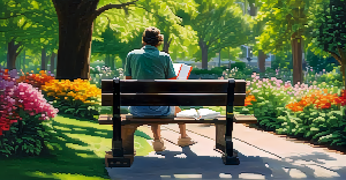 A person journaling on a park bench surrounded by greenery and flowers.