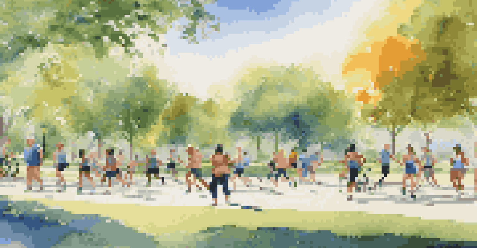 A diverse group of people exercising in a sunny park, including jogging, cycling, and practicing yoga.