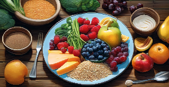 A colorful plate featuring a variety of fibrous foods such as fruits, vegetables, and whole grains on a rustic wooden table.