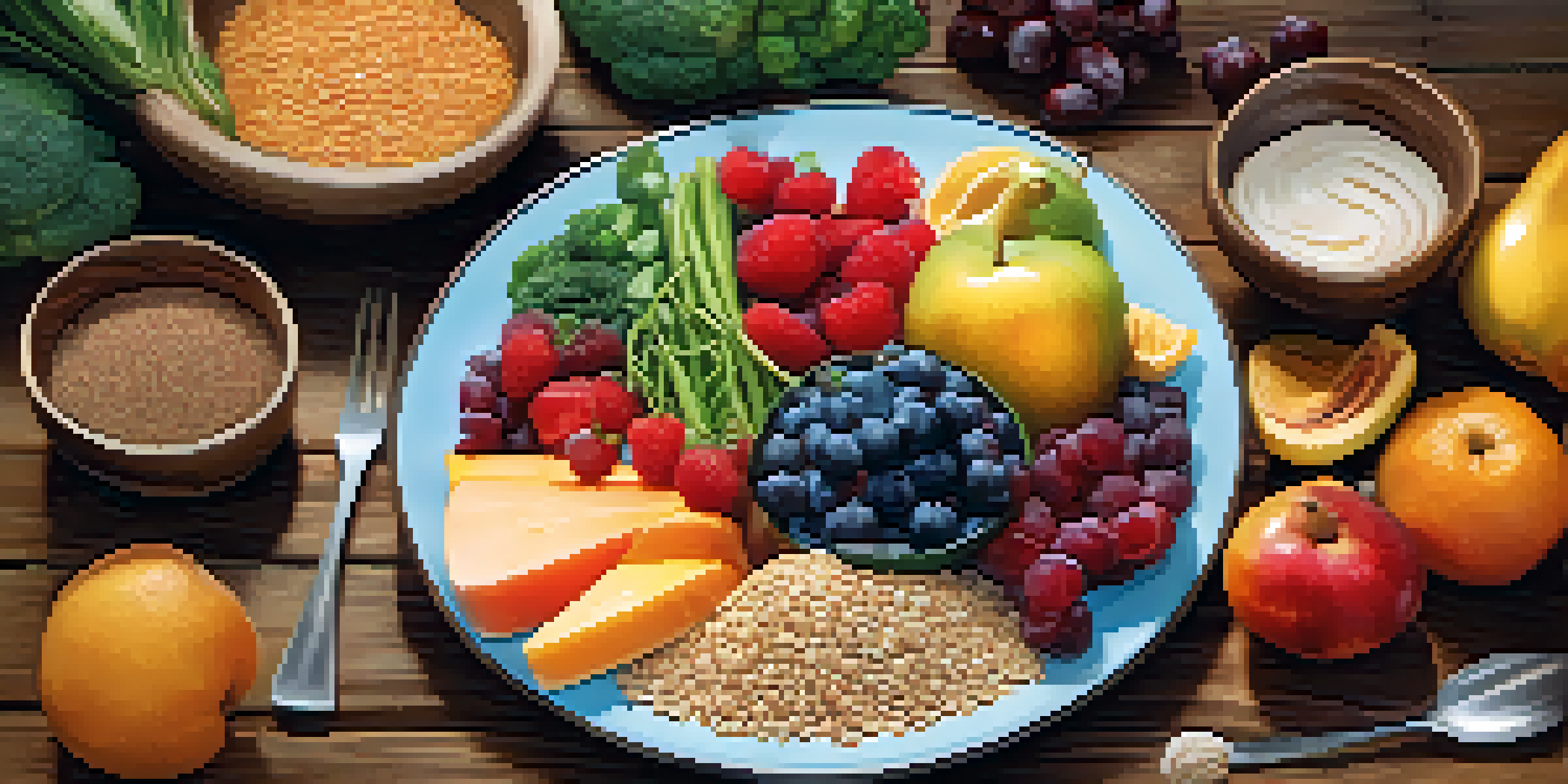 A colorful plate featuring a variety of fibrous foods such as fruits, vegetables, and whole grains on a rustic wooden table.