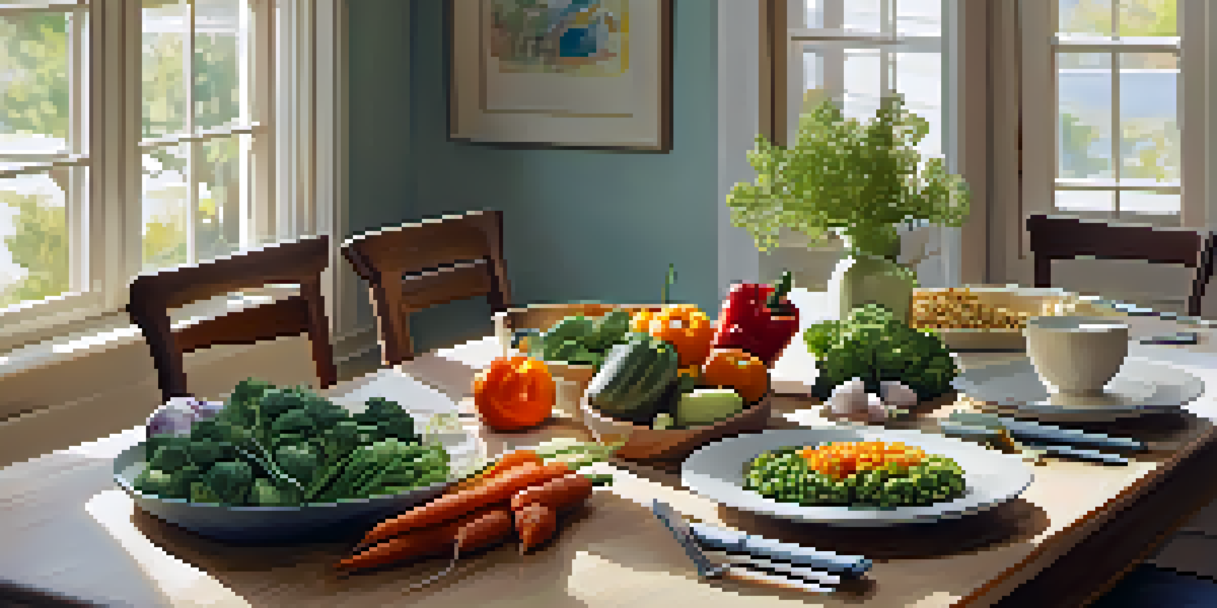 A dining table beautifully arranged with healthy food options for a mindful meal, illuminated by soft natural light.