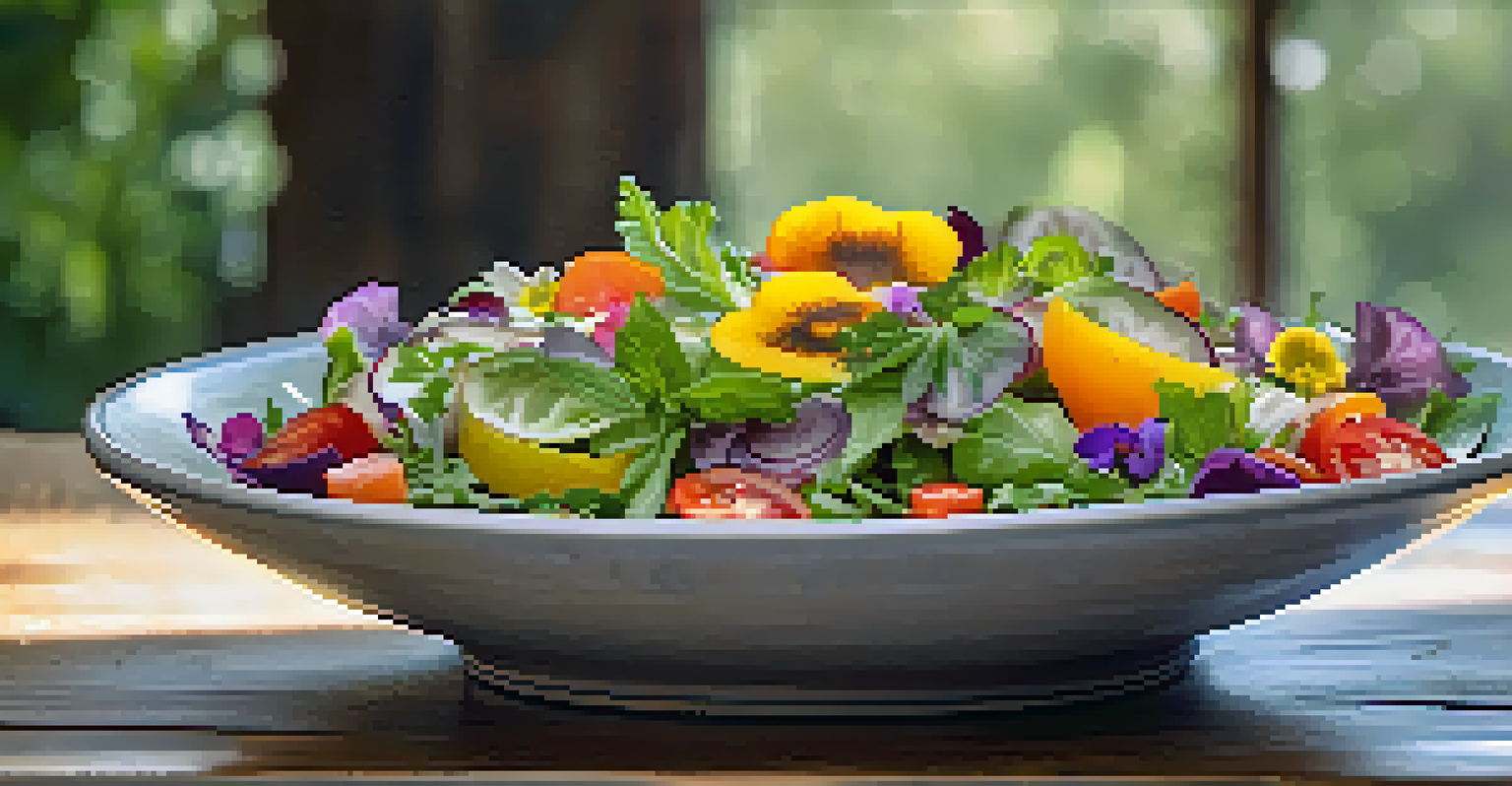A beautifully arranged salad with seasonal ingredients on a rustic plate, showcasing vibrant colors and textures in natural light.