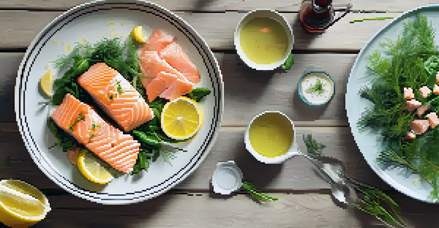 A top-down view of poached salmon on greens, garnished with lemon and dill, displayed on a rustic wooden table.